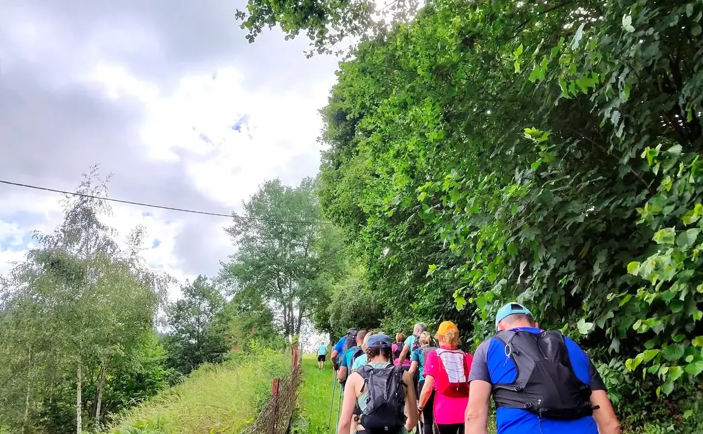 Un groupe de coureurs de l’association sur un chemin herbeux bordé de haies.