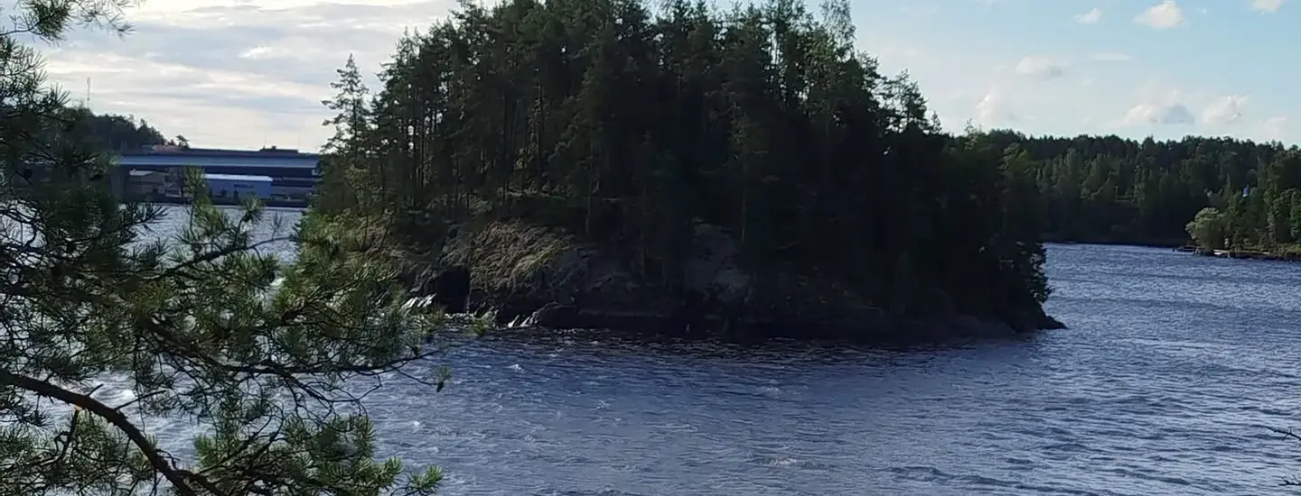 Un plan d’eau bordé d’arbres et son île boisée, sous un ciel de nuages.