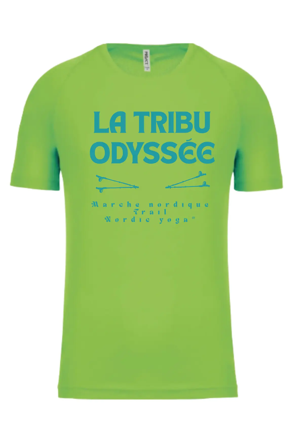 T-shirt de sport vert, floqué « La Tribu Odyssée ».